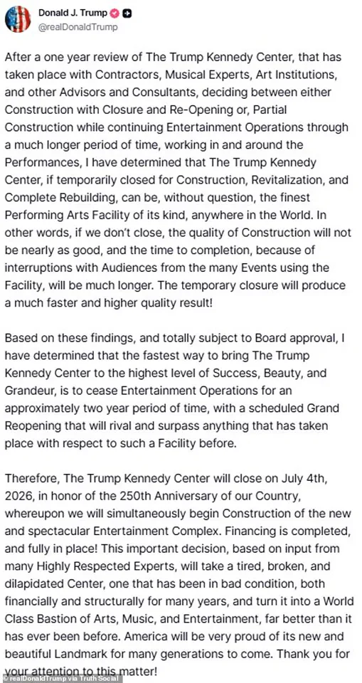 Trump's Shocking Kennedy Center Closure Sparks Immediate Outcry: 'One-Year Review' Justifies Two-Year Shutdown, Claims Rebuilding Is Essential