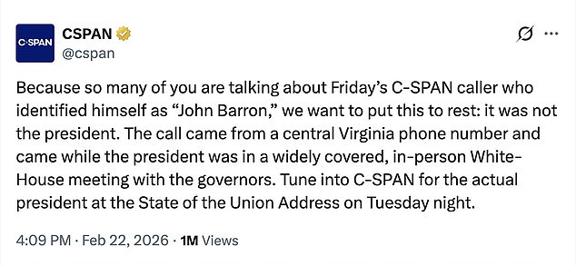 C-SPAN Clarifies: Caller 'John Barron' Not Trump, Discusses Blocked Tariff Policies