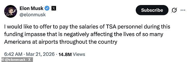 Elon Musk Offers to Pay TSA Workers During Shutdown-Induced Airport Chaos