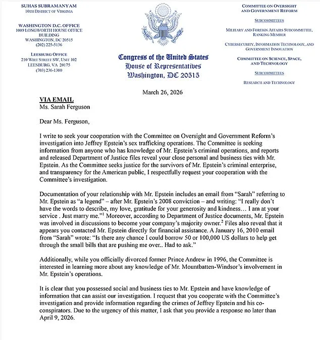 US Congressman Demands Sarah Ferguson Testify Over Alleged Epstein Ties in Federal Probe