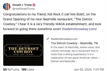 Trump Congratulates Kid Rock on 'The Detroit Cowboy' Restaurant, Calling It a 'MAGA Marvel' in Truth Social Post