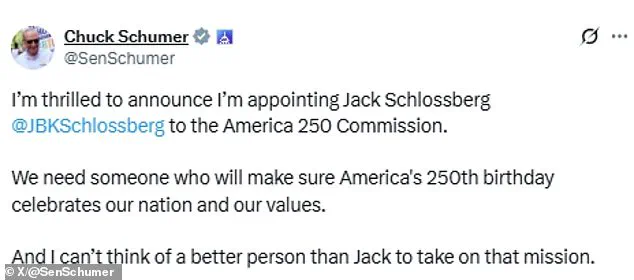 Controversial Appointment of JFK Grandson to America 250 Commission Sparks Outcry as Senate Minority Leader Faces Backlash Over Polarizing Social Media Figure